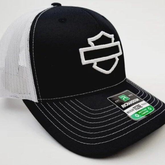 Black And White Harley Davidson  Embroidered Logo Mesh Snapback Richardson Hat - Picture 3 of 4